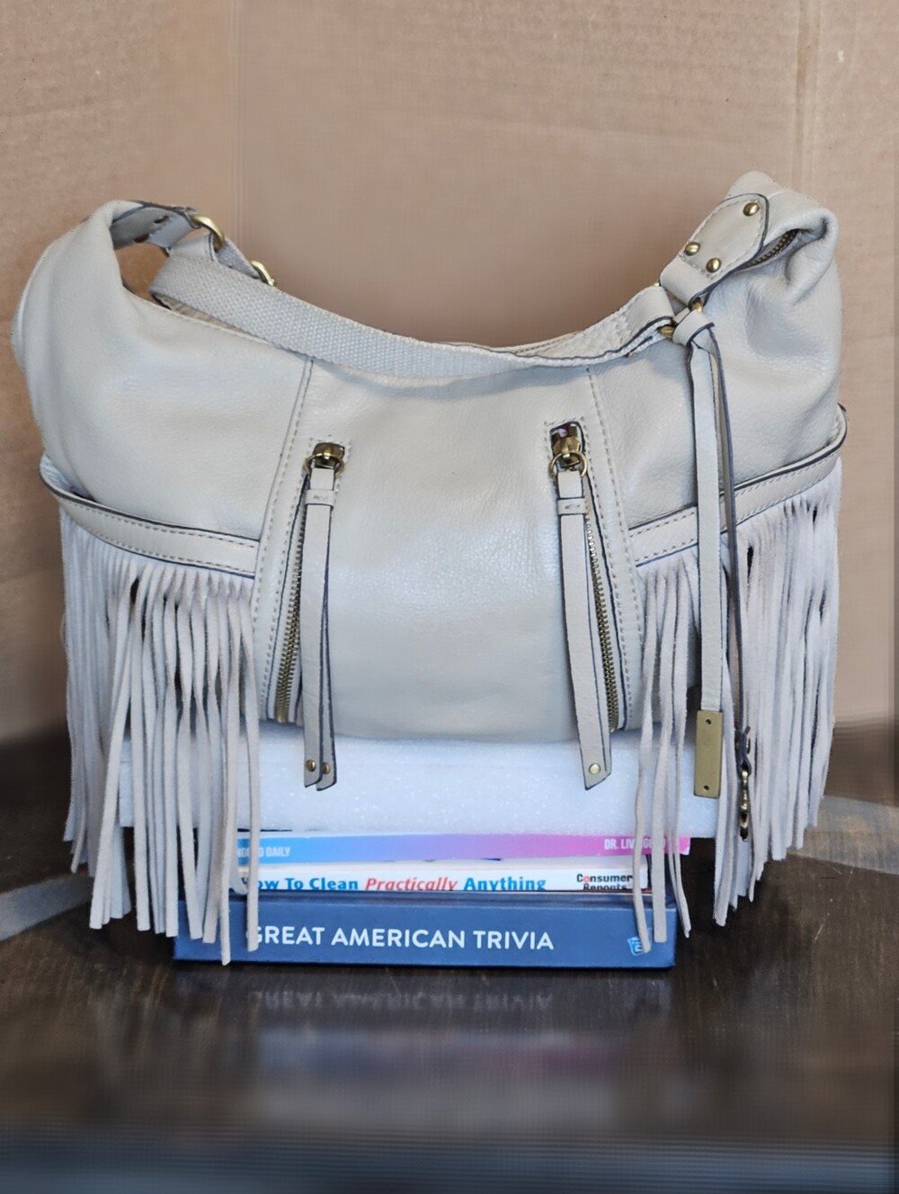 Lucky Brand Vtg. Smoke Gray/Toupe Pebbled Leather Fringe Hobo Crossbody Bag - Picture 3 of 15